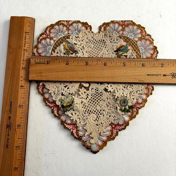 Antique Valentine Card Die-Cut Heart-Shaped Lace Embossed Birds Scene Victorian - Picture 3 of 6